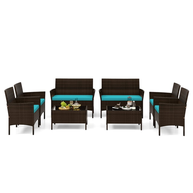 Patiojoy 8 Piece Patio Rattan Conversation Set Outdoor Wicker Furniture Set w/ Chair Loveseat & Tempered Glass Table Turquoise