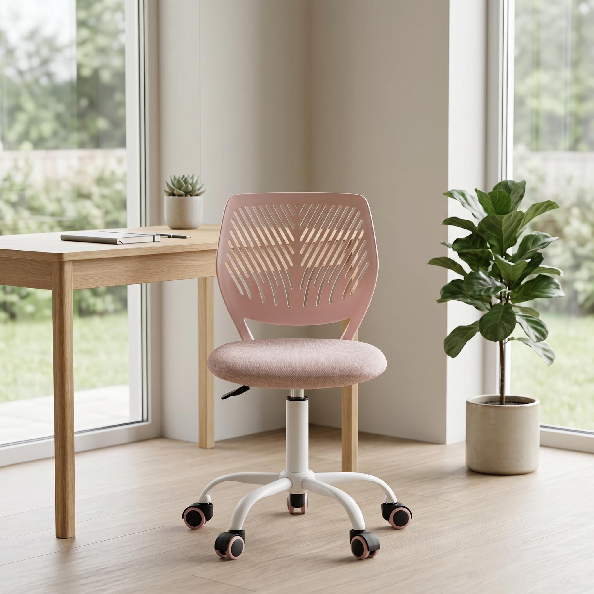 Homy Casa Pink Kids Desk Chair, Adjustable Rolling Study Chair with Cushioned Seat and Ventilated Back