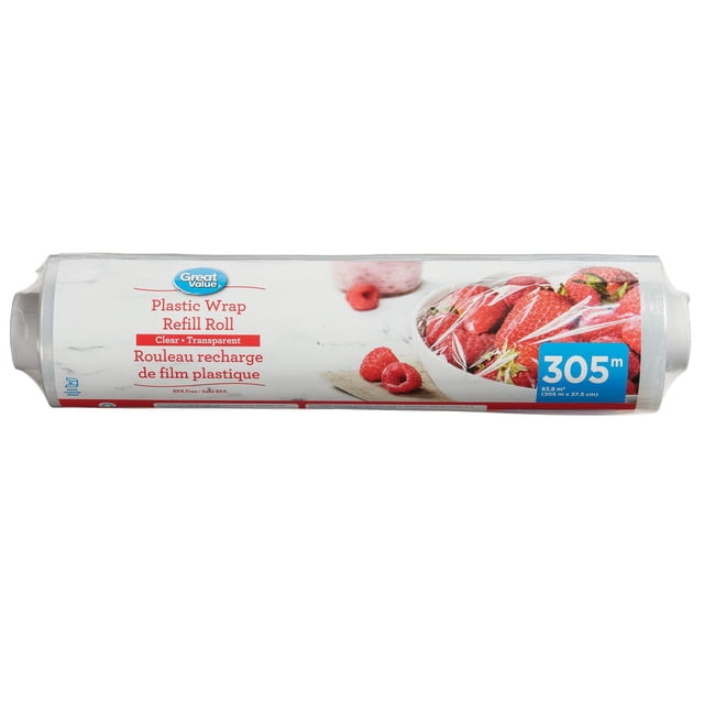 Great Value Clear Plastic Wrap Refill Roll, 305 meters long and 27.5 cm wide, shown with packaging featuring strawberries and raspberries covered in transparent plastic wrap, BPA free food wrap suitable for household food storage and keeping produce fresh.