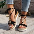 thumbnail image 2 of Platform Wedge Sandals for Women 2025 Rhinestones Pearl Flower Beach Summer Open Toe Strappy Dress Sandals, 2 of 6