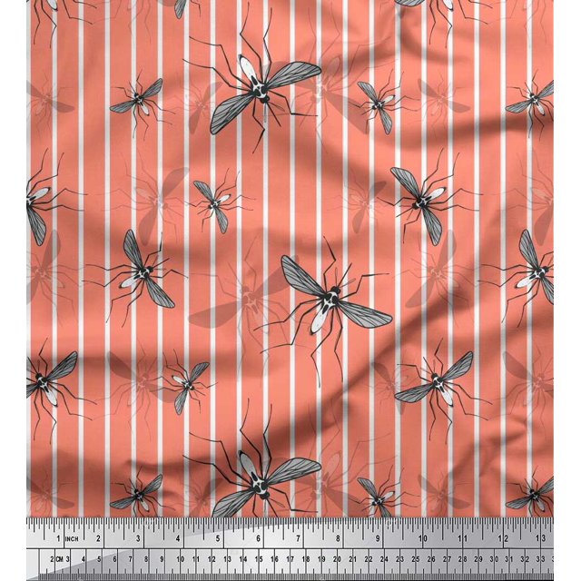 Soimoi Orange Rayon Crepe Fabric Stripe & Mosquito Insects Printed Fabric 1 Yard 46 Inch Wide