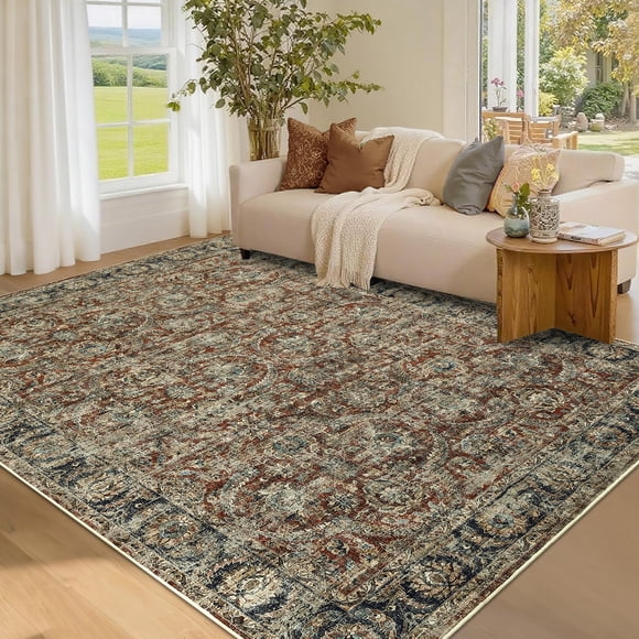 Washable Vintage Area Rug – Red Distressed Low Pile Carpet, Soft, Mark Resistant, Non-Slip, Easy to Clean – Suited for Living Room, Bedroom, Office, Home Decor – 5x7ft (152x213cm), USA Spec