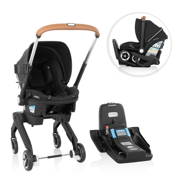 Evenflo Shyft DualRide Infant Car Seat and Stroller Combo in black with brown vegan leather handle, featuring a quilted infant carrier with extended canopy, cup holder, and four wheels for stroller use; includes a black car seat base with blue installation indicators and a side profile inset showing the car seat attached to the base, designed for infant travel system convenience.