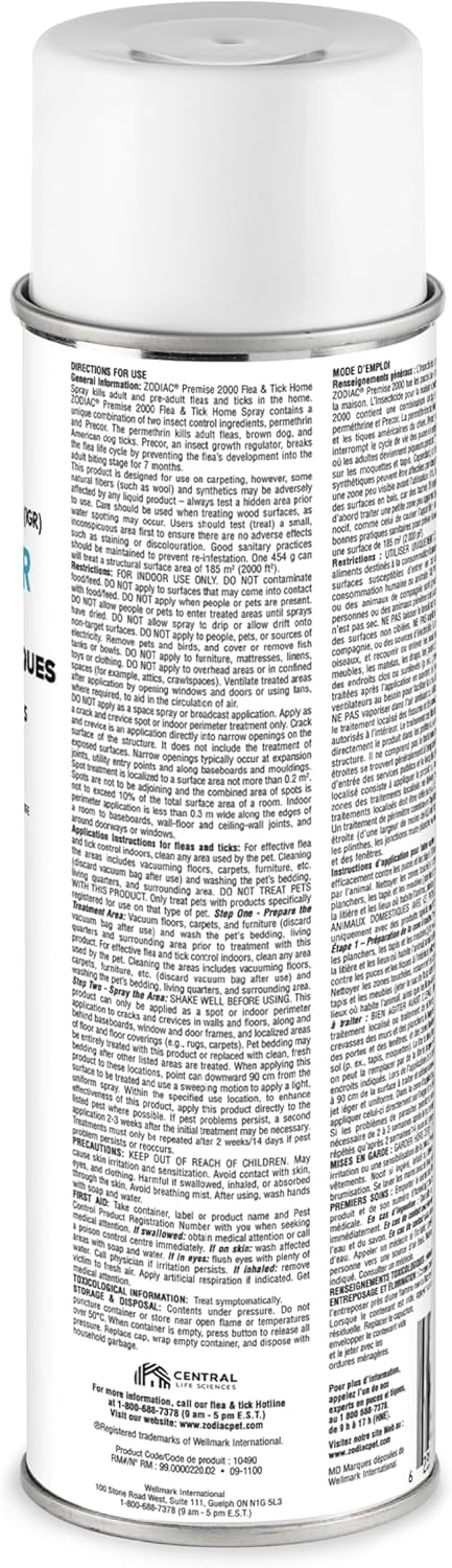 Zodiac Premise 2000 Spray Anti-Puces et Tiques pour la Maison avec Precor Insect Growth Regulator (IGR), 454g