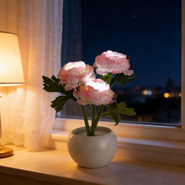 weibbin Ceramic Flower Pot LED Night Light USB Desk Lamp for Bedroom Home Decor, 9.45x3.54 Inches, Pink