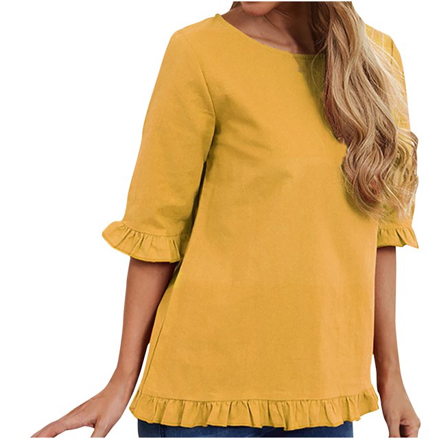 Hauts en Coton et Lin d'Été pour Femmes Manches à Volants Col Rond Couleur Unie Chemises Blouses Décontractées Confortables Basiques