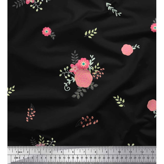Soimoi Tissu en Poly Georgette Noir Feuilles & Roses Imprimés Floraux au Mètre 52 Pouces de Large