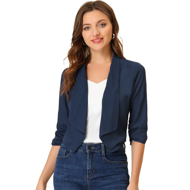 INSPIRE CHIC Women's Open Front 3/4 Ruched Sleeve Shawl Lapel Lightweight Cardigan Navy Blue XS