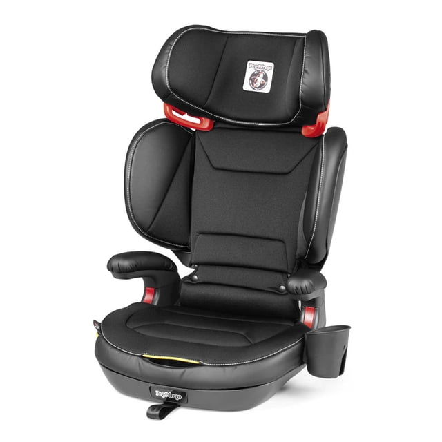 Peg Perego Viaggio Shuttle Plus 120 2-in-1 Booster Car Seat in Licorice leather. This adjustable booster seat features 3D Total Adjust Technology, allowing independent adjustments to the headrest, upper backrest, and side wings for a customized fit. It transitions from a high-back booster to a backless booster with a simple button press. The seat includes a rigid LATCH system for secure installation, an aluminum-reinforced backrest for added safety, and energy-absorbing EPS foam in the headrest and side wings. A built-in cup holder and soft, anatomically-shaped cushioning enhance comfort. Made in Italy, this car seat is designed for children with a height range of 39 to 63 inches (99 to 160 cm).