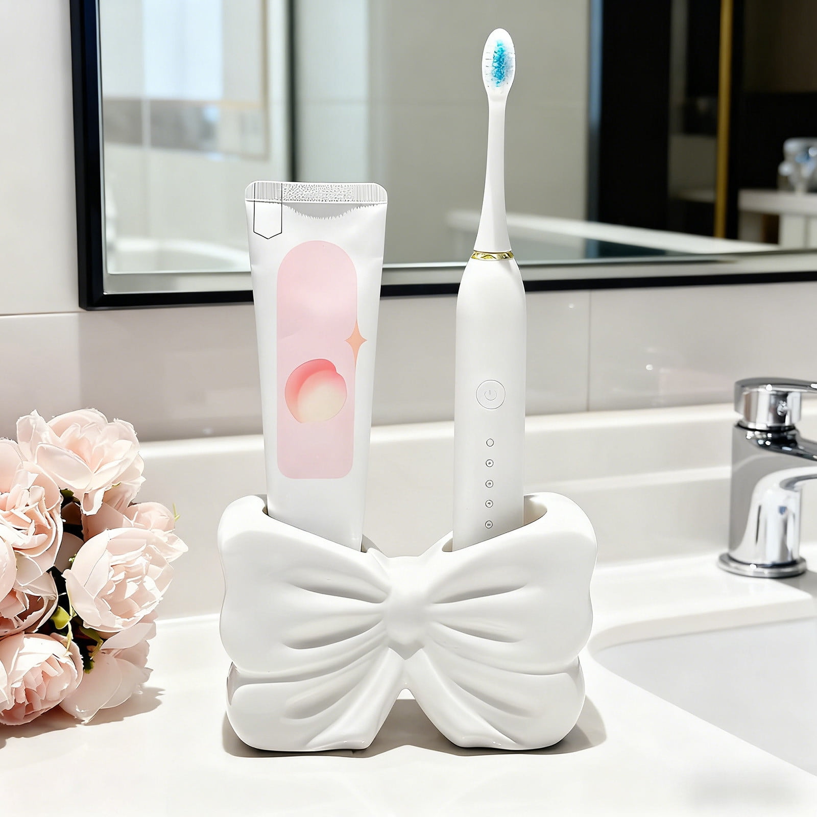 Lisbinx Bow-Shaped Toothbrush Holder Bathroom Countertop Organizer With Separate Slots Resin Toothbrush Storage Rack For Family And Kids Sink Or
