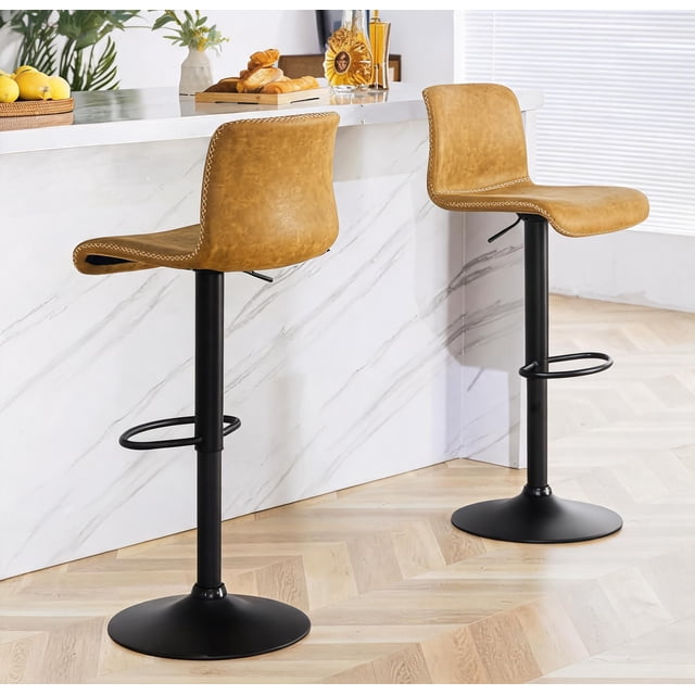 Bar Stools Set of 2, Height Adjustable Swivel Barstools, Bar Chairs with Backs & Metal Footrest for Home Kitchen, Barstools for Kitchen Dining Reception, PU Leather, Brown
