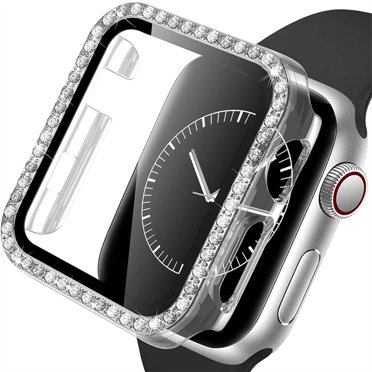 ALMNVO Bling Case with Tempered Glass Screen Protector for Apple Watch Case 40mm 38mm 44mm 42mm , All Round Full Protection Hard PC Cover Bumper Accessories for iWatch Series 3 6 5 4 SE 2