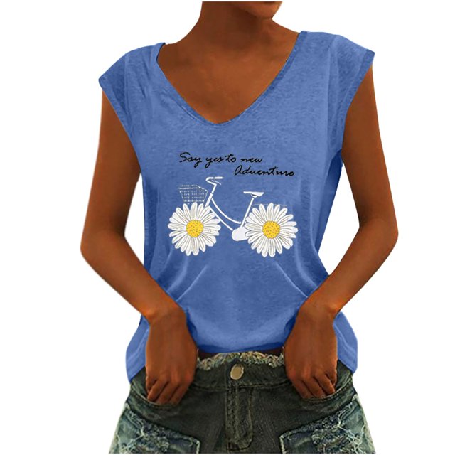 Pompotops T-Shirt Sans Manches à Col en V Décontracté à Imprimé pour Femme, Chandail
