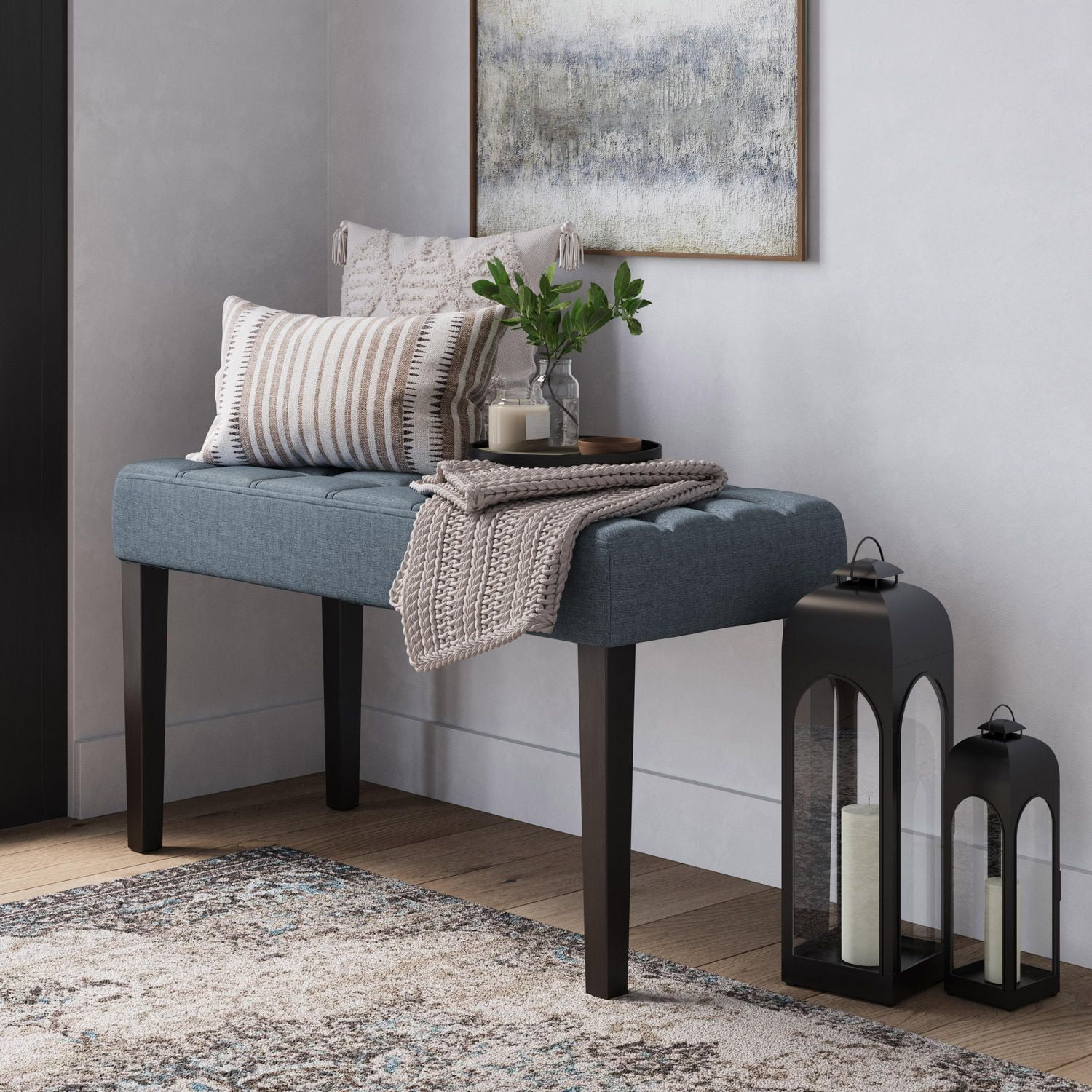 Banc d'entrée capitonné et rembourré en tissu CorLiving California avec pieds en bois