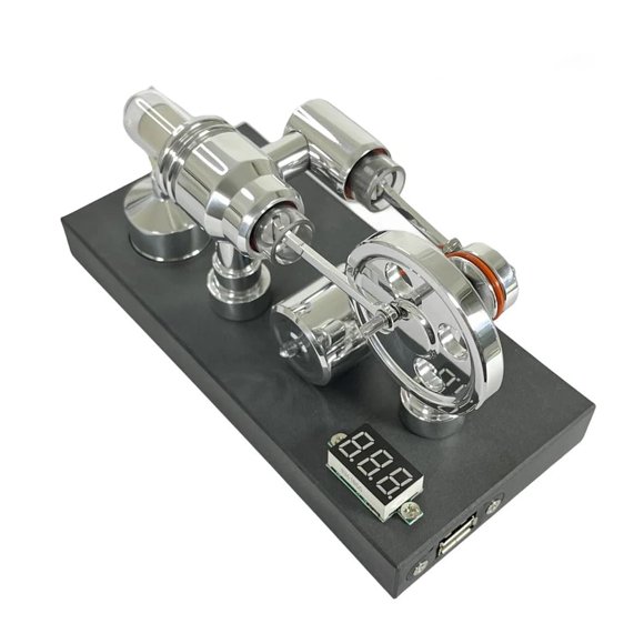 NIKOLATOY Mirror-Polished Stirling Engine with Voltmeter & USB Plug – Desktop Mechanical Demonstration Model for Adult Engineering Enthusiasts (Mir