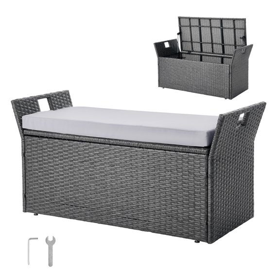 VEVOR 40Gal Outdoor Storage Bench, PE Rattan Deck Box for Patio & Garden, Outdoor Seat & Storage
