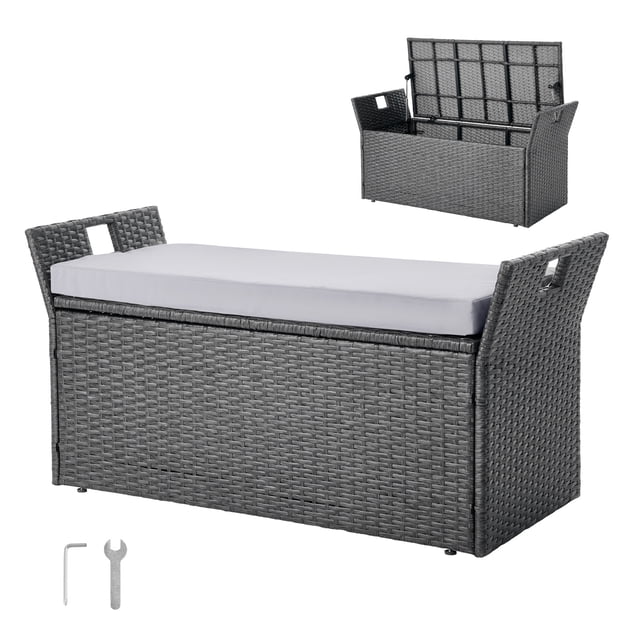 VEVOR Outdoor Storage Bench PE Rattan 40Gal Deck Box in grey, featuring a 2-in-1 design for seating and storage. Made with a durable alloy steel frame and weather-resistant PE wicker, it supports up to 400 lbs. The bench includes a soft, removable cushion and side handles for portability. Internal dimensions of 15.7 × 35 × 13 inches provide ample storage for outdoor essentials. Shown with the lid open and closed, along with included assembly tools.