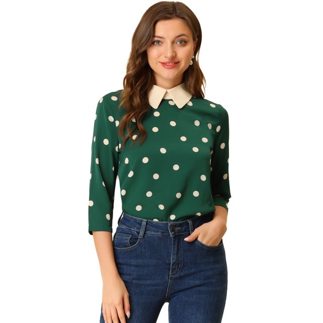 INSPIRE CHIC Chemisier pour Femme à Col Peter Pan Contrastant Manches 3/4 Blouse Chemises S Vert Foncé