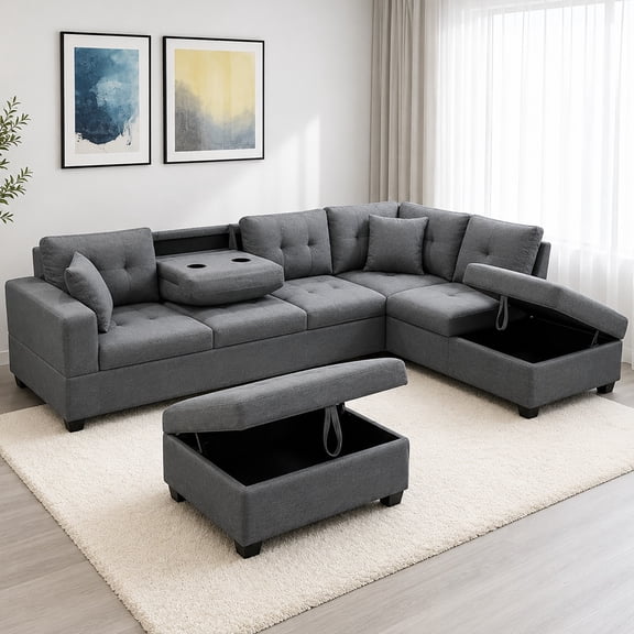 Cosmic Homes Haven Sectional Sofa RHF with Storage Ottoman, Pull-Out Tray & Cup Holder, Grey Couch Set for Living Room, Modular L-Shaped Sofa