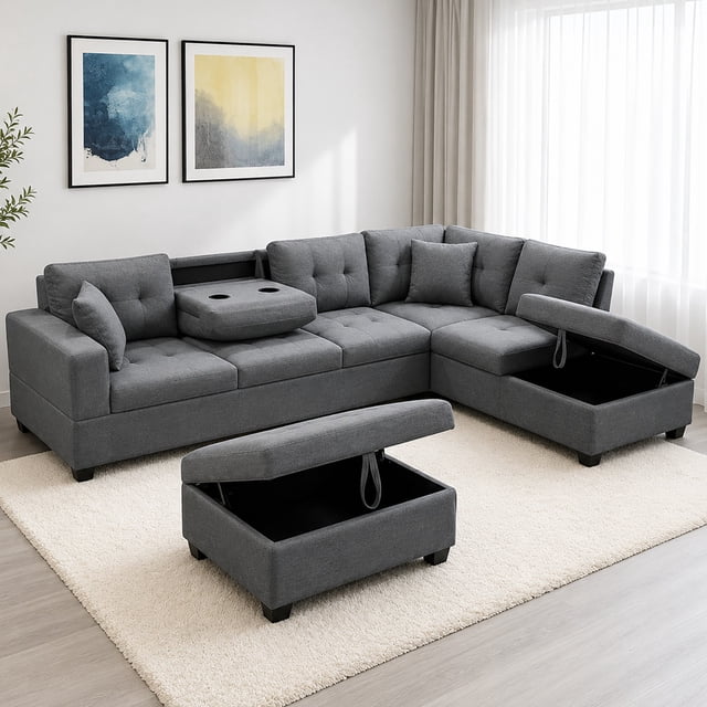 Cosmic Homes Haven Sectional Sofa RHF with Storage Ottoman, Pull-Out Tray & Cup Holder, Grey Couch Set for Living Room, Modular L-Shaped Sofa