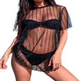 thumbnail image 1 of Femmes Maille Voir à Travers Blouse Manches Courtes Rayé Maillot de Bain Couverture, 1 of 6