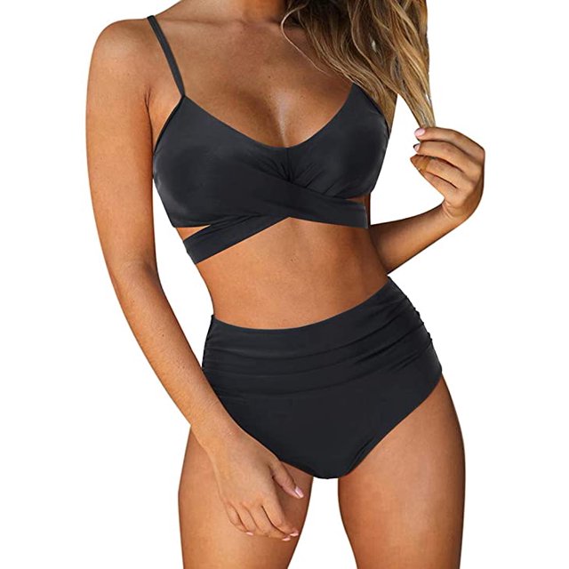 Women Criss Cross High Waisted String Floral Printed 2 Piece Bathing Suits(Black,S)