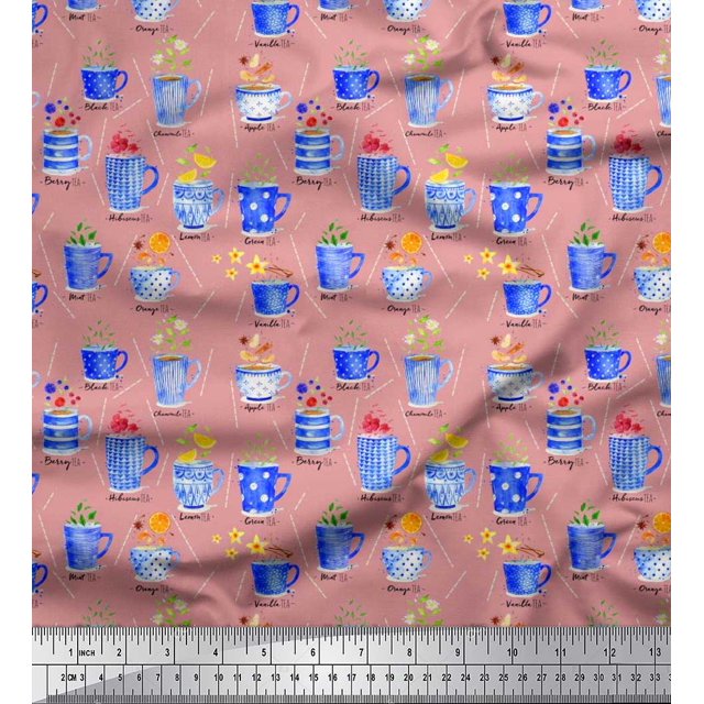 Soimoi Viscose Chiffon Fabric Spices & Tea Cup Watercolor Printed Fabric 1 Yard 42 Inch Wide