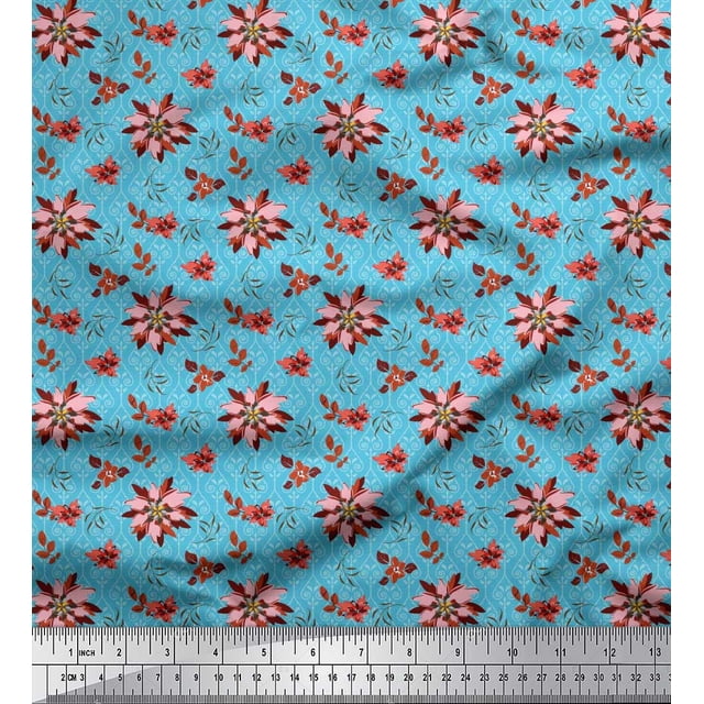 Soimoi polyester Crepe Fabric Damask Design,Leaves & Aster Floral Decor Fabric Printed Yard 52 Inch Wide
