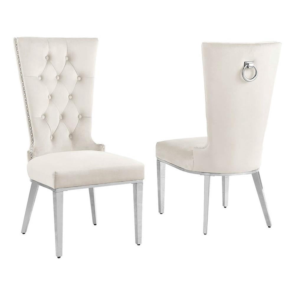 Chaises Latérales Rembourrées en Velours Crème avec Acier Inoxydable, Ensemble de 2