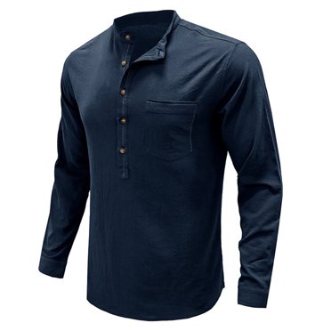 EGNMCR Chemises à Manches Longues pour Hommes Mode Automne Décontractée Couleur Unie Col Montant Boutonné Blouse Confortable Coton Lin Chemises de Travail d'Affaires