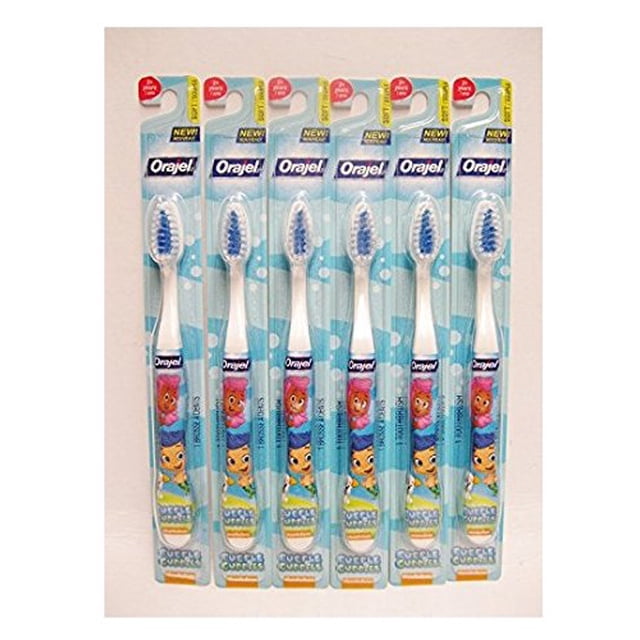 Orajel Paw Patrol Kids Manual Toothbrush with soft, elongated bristles and smaller easy-to-grip handle for children learning to brush, featuring coloured bristle guide for toothpaste placement and Paw Patrol characters, shown in a pack of six in original packaging.