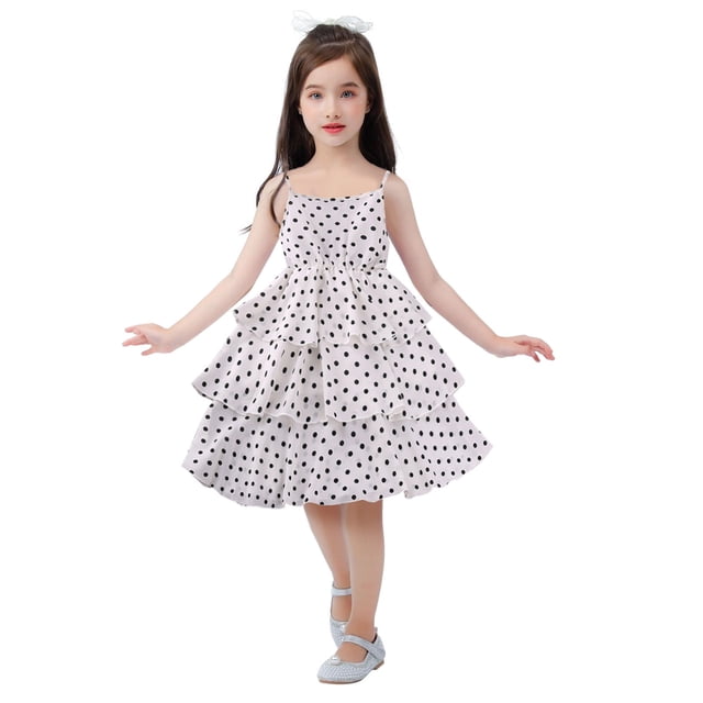 PMVFHDE Robes d'Été de Plage pour Fille 2024 Robe Sans Manches à Imprimés pour Tout-Petites Filles Robes de Fête de Danse Vêtements, Blanc, 8-9 Ans