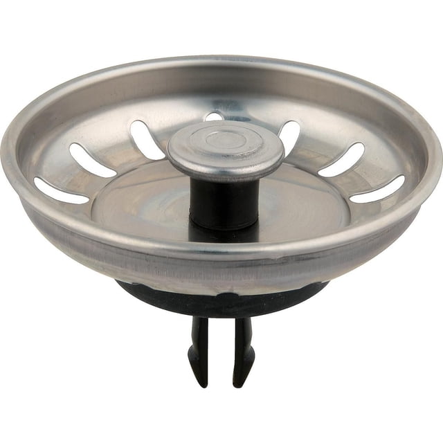 Peerless Basket Strainer with Arrowhead Clip, stainless steel kitchen sink strainer fitting 3 1/2 inch drain openings, featuring a round perforated basket and black arrowhead clip for secure installation, also suitable for small utility sink drains.