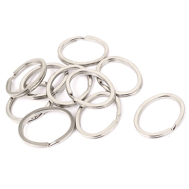 Unique Bargains Metal DIY Craft Making Split Ring Key Ring Charms in silver tone, featuring a glossy surface and oval shape. The set includes 10 metal key rings, each measuring 36 x 28 x 3mm (1.4 x 1.1 x 0.12 inches) with an inner size of 30 x 22mm (1.2 x 0.87 inches). Designed to securely hold multiple keys, these key rings are ideal for crafting or organizing keys.