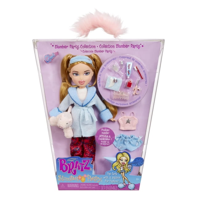 Bratz Slumber Party™ Cloe™ Fashion Doll in packaging wearing a light blue robe with matching cuffs and belt over a white tank top and red paisley pajama pants. Doll has golden blonde pigtails with a blue eye mask. Included accessories are a plush pig, pink star tank top, blue shorts, nail polish, toothbrush, toothpaste, hair curler, hairbrush, scissors, diary, pen, and poster. The lavender box features slumber party branding and collectible details.