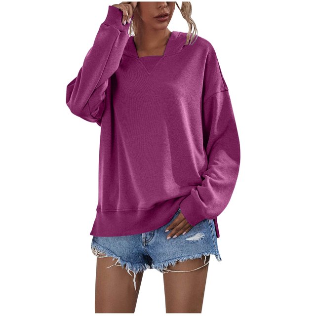 IROINID T-Shirt à Manches Longues en Polyester Réduit pour Femmes, Quotidien, Couleur Unie, Chandail à Capuchon, Chandails, Hauts, Blouse, Chandail à Capuchon Ample, Violet