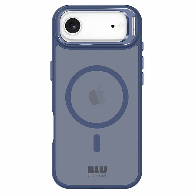 Blu Element Chromatic Kick MagSafe Case Navy for iPhone Air with semi-transparent navy acrylic back, soft-touch shock-absorbing edges, MagSafe compatibility, and fold-out kickstand near the camera for landscape viewing, offering impact resistance, hyper-responsive buttons, and a slim, precision fit with easy access to all ports.
