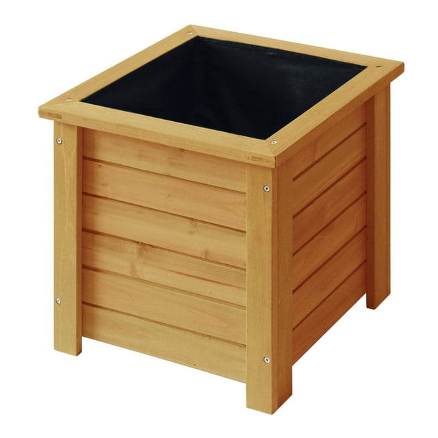 VegTrug 15" Square Wooden Planter in natural cedar wood with a pre-formed black liner, featuring horizontal slats and sturdy corner posts, ideal as a planter box for balcony, patio, or garden spaces, also suitable for separating garden areas.