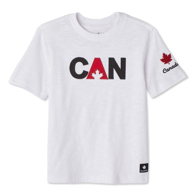 Canadiana toddlers' gender inclusive graphic tee in white jersey knit with crew neckline, short sleeves, and straight hem. Features 'CAN' on the front with a red maple leaf in the 'A' and a red maple leaf with 'Canada' embroidered on the right sleeve. Ideal for everyday comfort and casual wear with joggers or jeans.