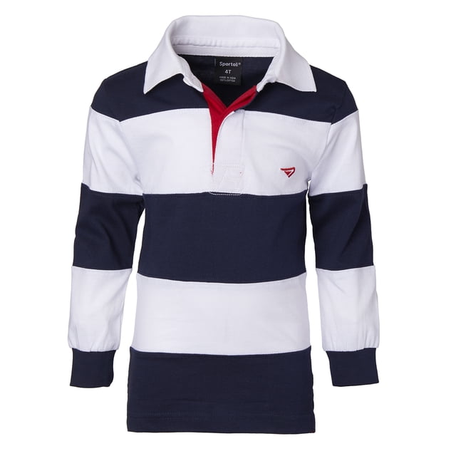 Sportoli?‚? ® Grands Garçons Polo Rugby à Manches Longues à Larges Rayures 100 % Coton - Blanc (Taille 16)