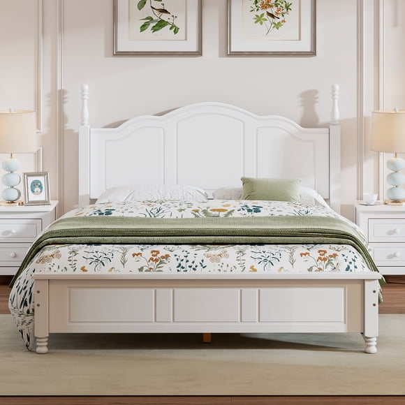 Noble house Queen Size Wood Platform Bed Frame,Retro Style Platform Bed,White
