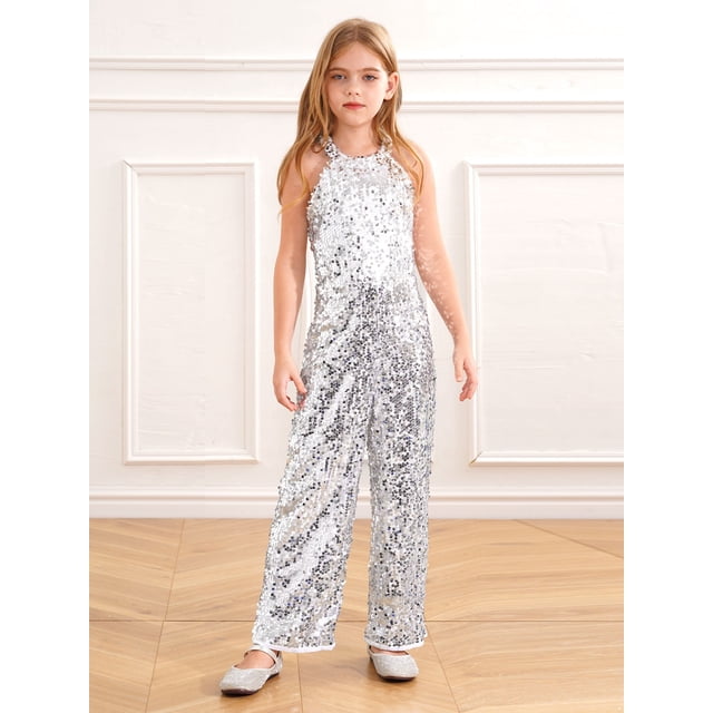 Choomomo Combinaison à Sequins pour Filles, Col Halter, Sans Manches, pour Fête, Danse Formelle, Argent 6