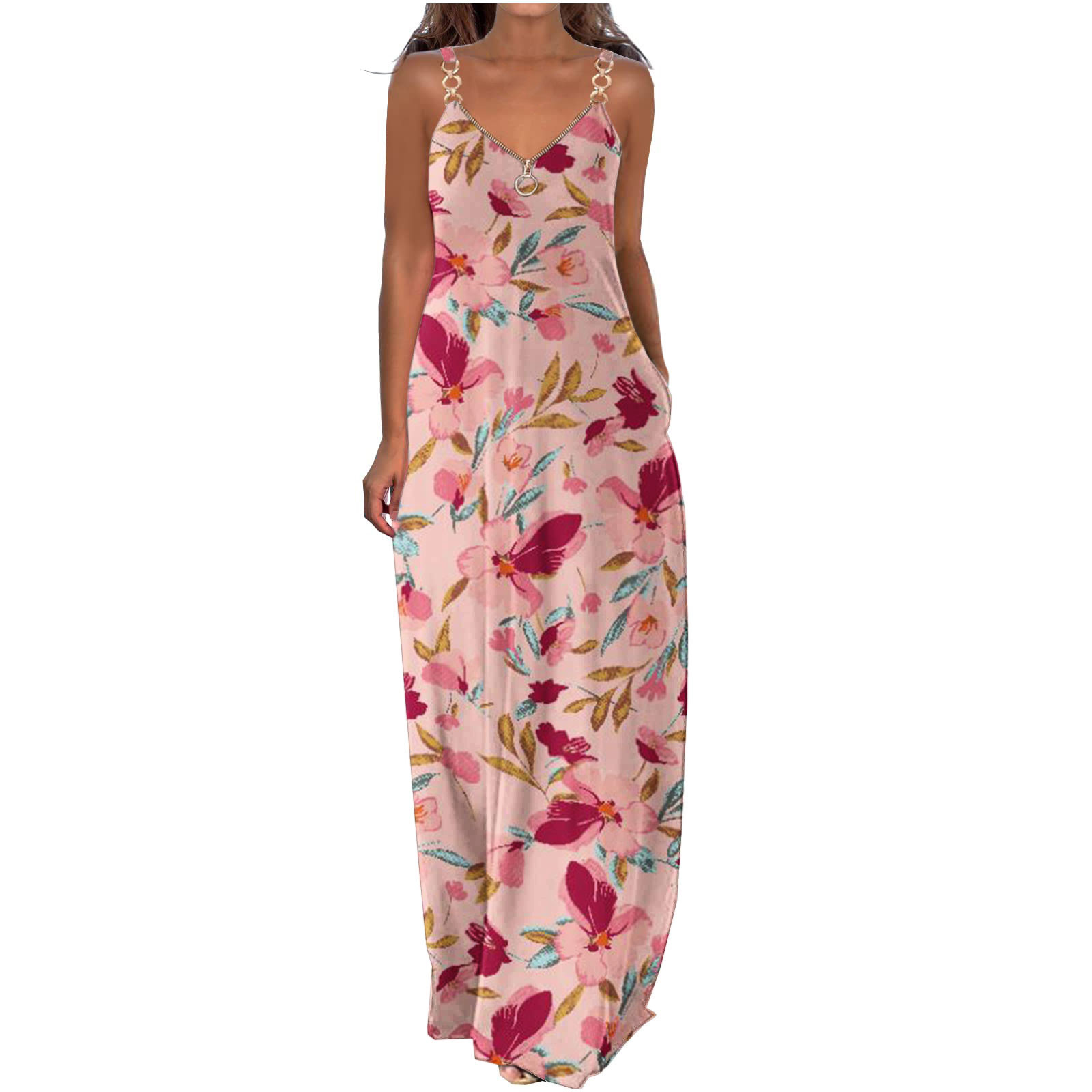 Pompotops Robes d'Été pour Femmes Décontractées Boho Imprimées à Bretelles Anneau Plage Longue Robe Maxi avec Poches