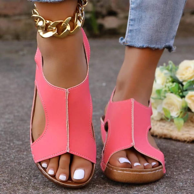 Cameland Summer New Foreign Trade Large Size Wedge With Fish Mouth Solid Color Large Size One Line Buckle Beach Sandals