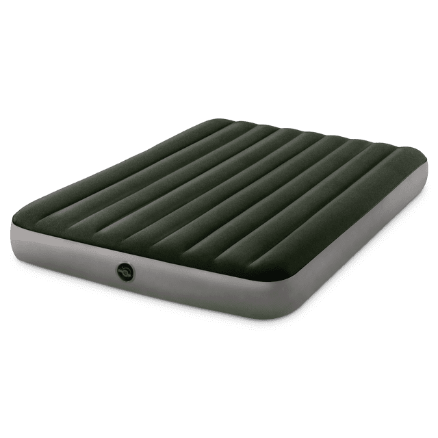 INTEX 10" Queen Dura-Beam Prestige Airbed with Battery Pump, shown in a 3/4 angled view with a dark grey velvety top and light grey sides. Features Fiber-Tech construction, a side valve, and a handheld battery pump for quick inflation. Measures 60 by 80 inches and supports up to 600 lbs, ideal for indoor and outdoor camping.