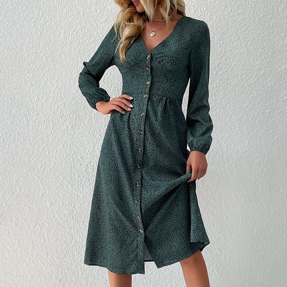 Sales! Cameland Women'S Fashion Casual Print Long Sleeve V-Neck Pleated Mini Dress