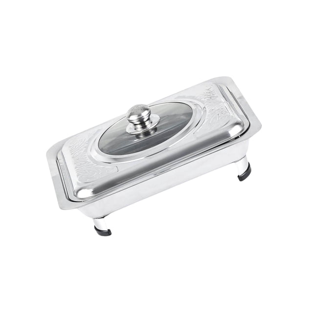 kurtrusly Plat Anti-Frottement en Acier Inoxydable avec Couvercle et Support de Plateau de Service pour Fêtes StyleA. Conçu pour les Installations de Traiteur et de buffet, Il Présente une surface Lisse et Facile à Nettoyer, des Coins Arrondis et des Pieds Supportés pour Prévenir le Déplacement. Comprend un Couvercle Visuel transparent pour Surveiller les Aliments pendant la Cuisson. Dimensions : 35cm x 26.5cm x 9cm (13.78 x 10.43 x 3.54 Pouces). Convient pour Servir Divers Plats Lors d'Évén