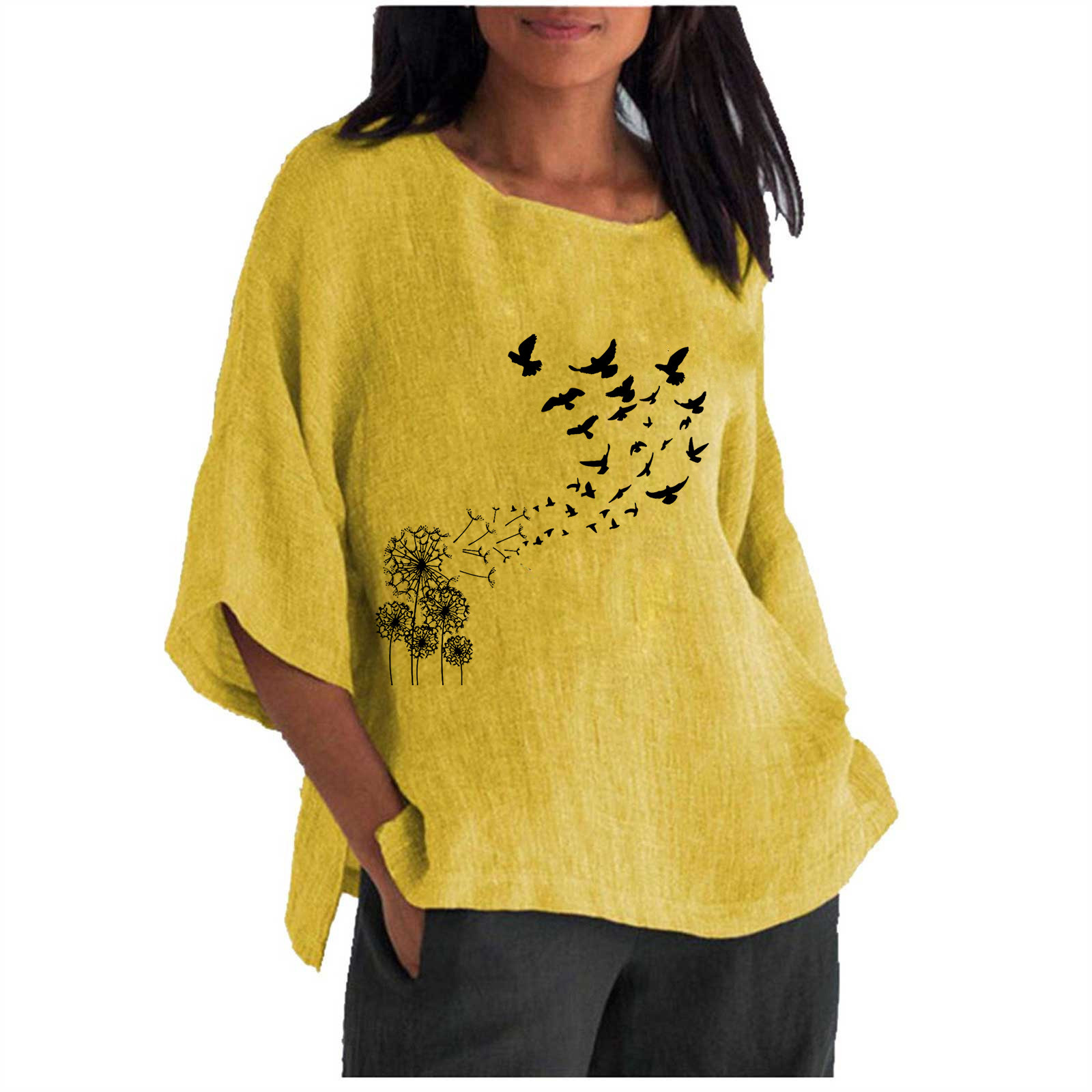 Hauts d'Été pour Femmes 2023 Femmes Été Aguichant Imprimé Régulier Bouton Col Rond Manches Trois Quarts Femmes Manches Courtes Haut Bohème Grande Taille T-Shirt pour Femmes