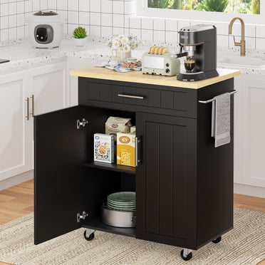 Walsunny Kitchen Island Table Stand with Storage on Wheels,Rolling Kitchen Cart Storage Cabinet with Drawer,Black