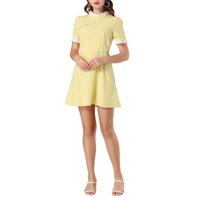 INSPIRE CHIC Robe Vintage à Manches Courtes et Col à Volants, Empiècement Contrastant, Taille TP Jaune,